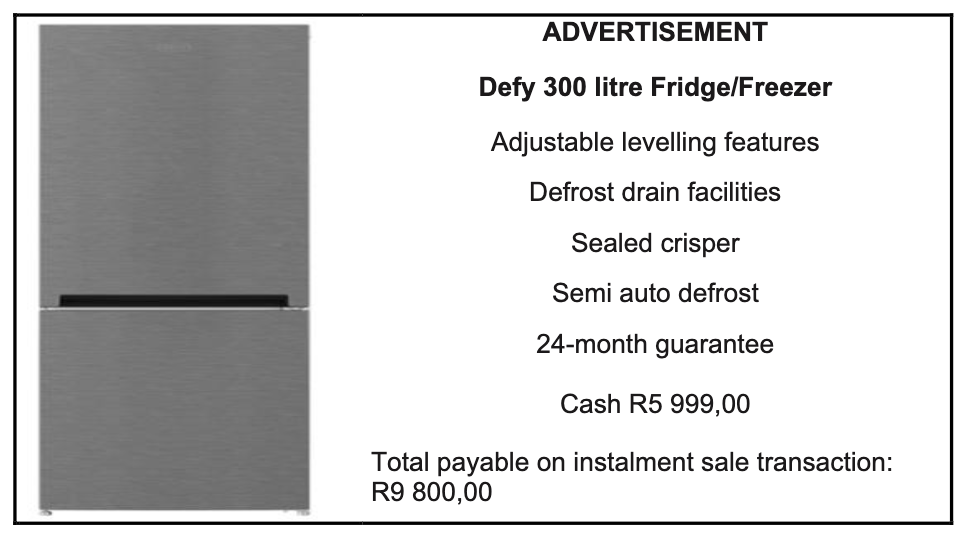 Advertisement for a Defy 300 litre fridge/freezer